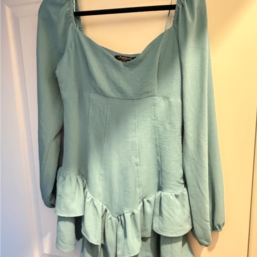 Light Teal Long Sleeve Ruffle Hem Women's Top